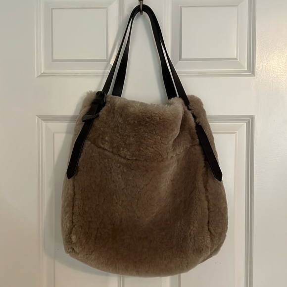 HOLDING HORSES Handbags - Holding Horses Lamb Fur Tote, Beige with Brown Leather Straps